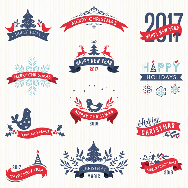 Merry Christmas and New Year Banners with Labels vector
