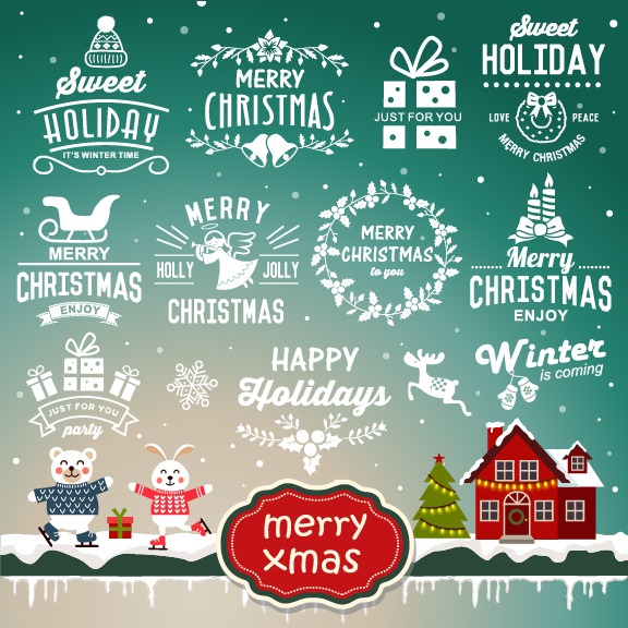 Merry christmas labels with xmas decor vector