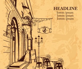 Old city street cafe hand drawing vector 01