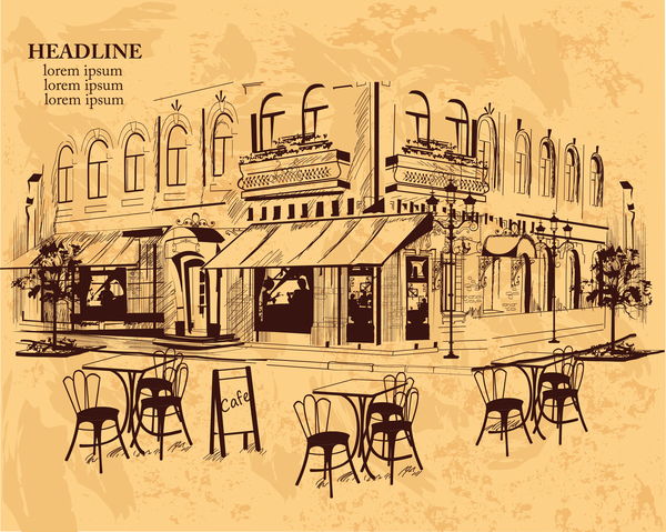 Old city street cafe hand drawing vector 02