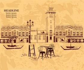 Old city street cafe hand drawing vector 03