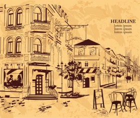 Old city street cafe hand drawing vector 05