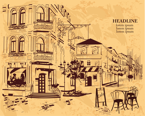 Old city street cafe hand drawing vector 05