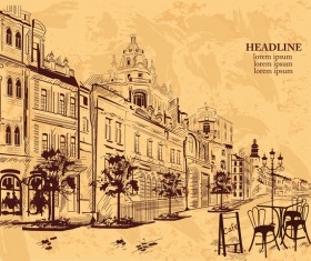 Old city street cafe hand drawing vector 06