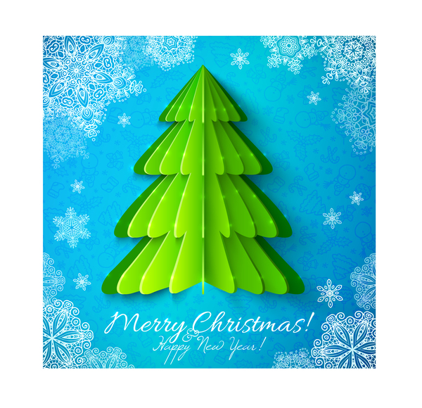 Origami christmas tree with snowflake new year background vector