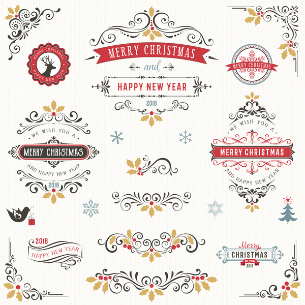 Ornate Retro Merry Christmas Collection Vector