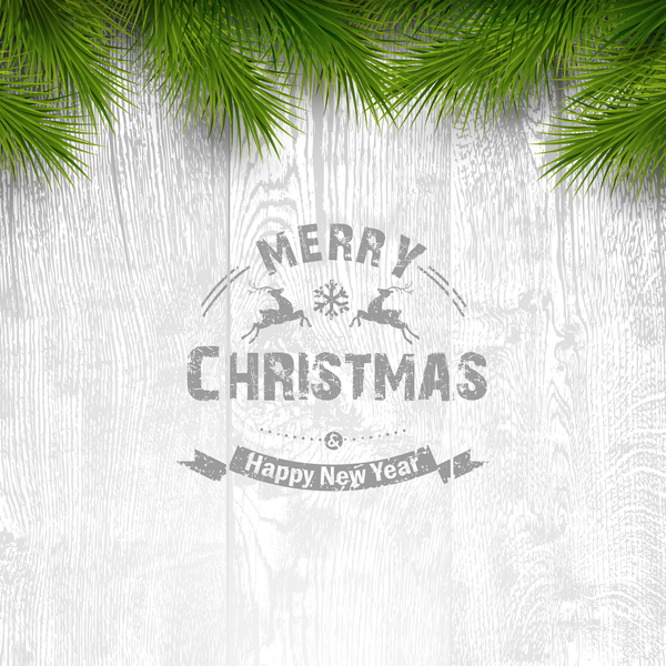 Pine with wooden christmas background vector 01