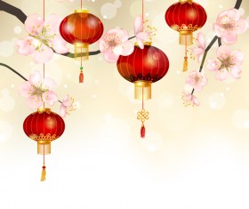 Pink flower with red lantern vector background material
