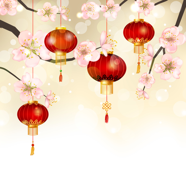 Pink flower with red lantern vector background material