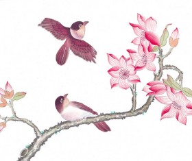 Pink flowers and birds Stock Photo