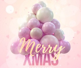 Pink xmas party flyer template with balloon christmas tree vector 01
