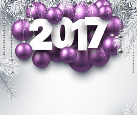 Purple christmas baubles with 2017 new year winter background vector