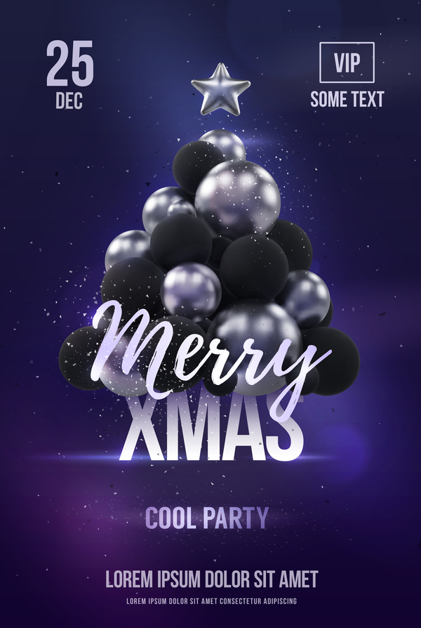 Purple xmas party flyer template with balloon christmas tree vector 01