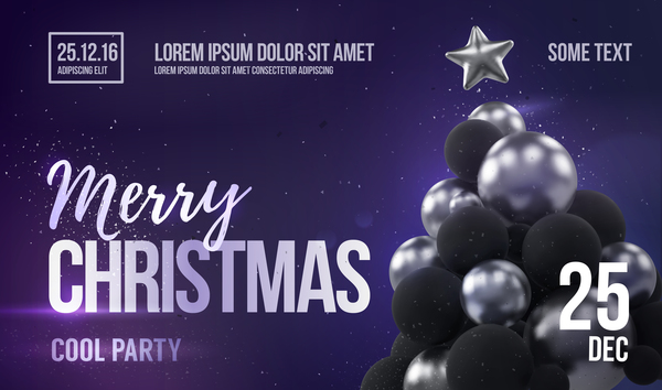 Purple xmas party flyer template with balloon christmas tree vector 02