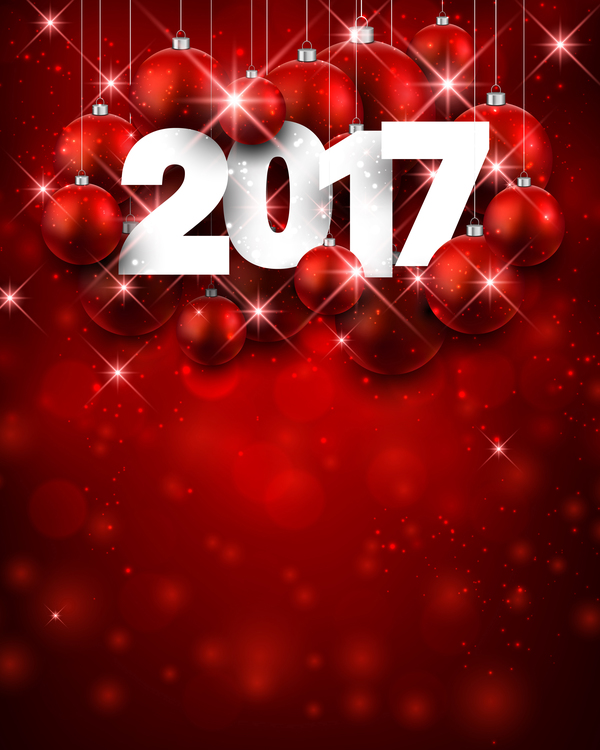 Red 2017 new year background with red christmas baubles vector 01