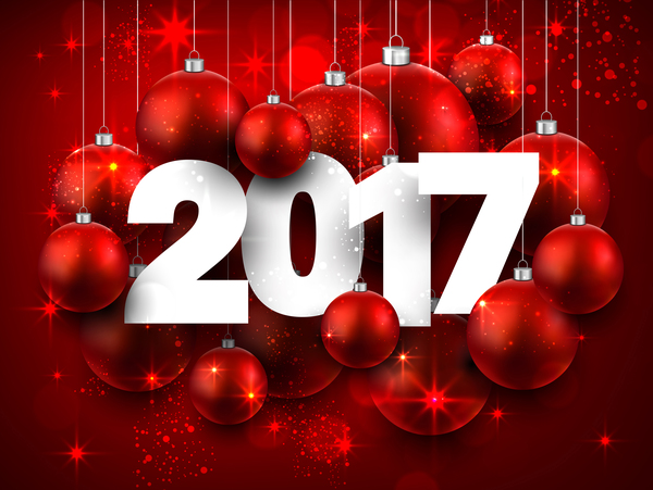 Red 2017 new year background with red christmas baubles vector 02