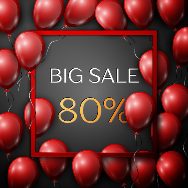 Red balloons frame with big sale percent discounts vector template 17
