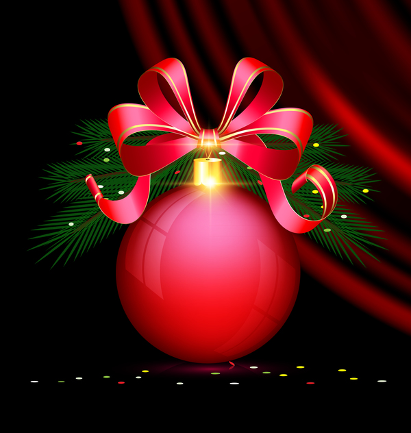 Red christmas ball with ribbon bow and black background vector