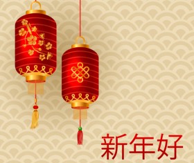 Red lantern with beige chinese new year background vector