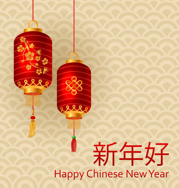 Red lantern with beige chinese new year background vector
