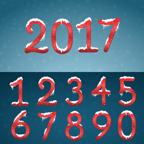 Red numbers with snow caps and 2017 new year vector
