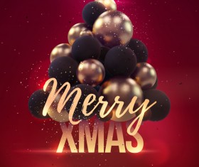 Red xmas party flyer template with balloon christmas tree vector 01