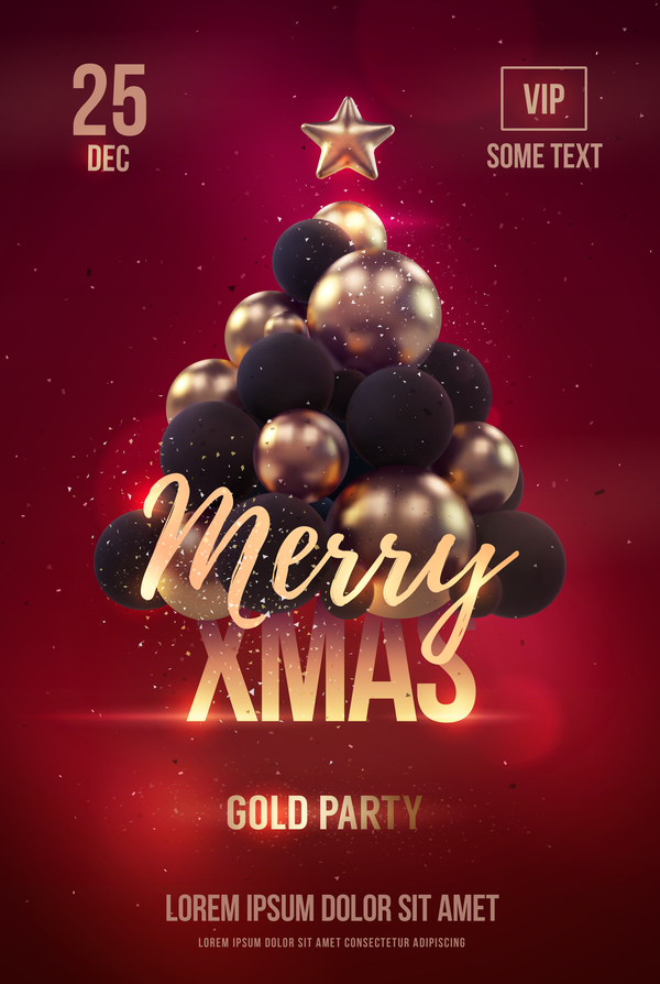 Red xmas party flyer template with balloon christmas tree vector 01