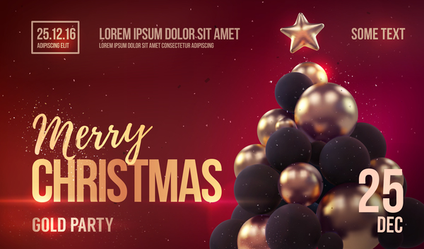 Red xmas party flyer template with balloon christmas tree vector 02