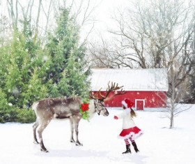 Reindeer with little girl HD picture