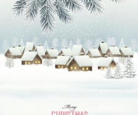 Retro christmas background with winter landscare and tree branch vector
