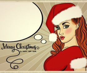 Retro christmas card with xmas girl vector 01