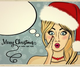 Retro christmas card with xmas girl vector 02