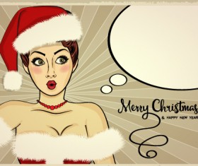 Retro christmas card with xmas girl vector 03