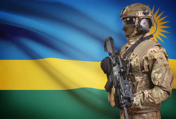Rwandan flag with heavily armed soldiers HD picture