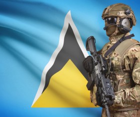 Saint Lucia flag with heavily armed soldiers HD picture