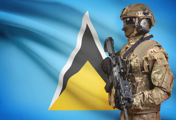Saint Lucia flag with heavily armed soldiers HD picture