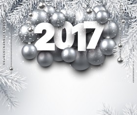 Silver christmas baubles with 2017 new year shining background vector 01