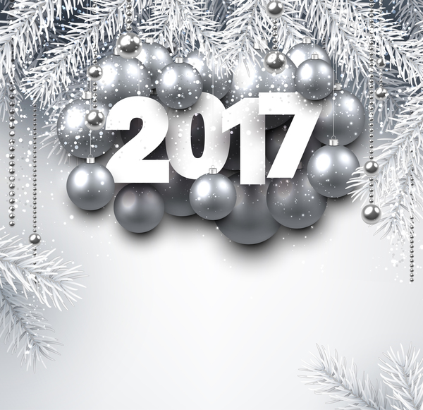 Silver christmas baubles with 2017 new year shining background vector 01