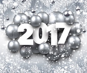 Silver christmas baubles with 2017 new year shining background vector 03