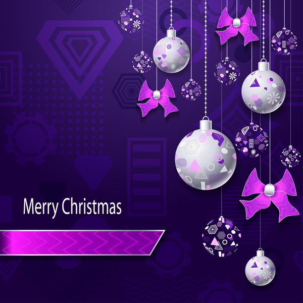 Silver pink christmas balls bows with purple background vector