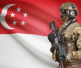 Singapore flag with heavily armed soldiers HD picture