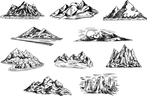 Vector illustration. hand drawn mountains sketch landscape with grass and  river. line design. | CanStock