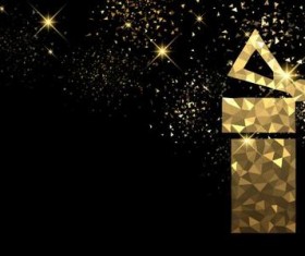 Stars light with golden christmas gift box and black background vector 01