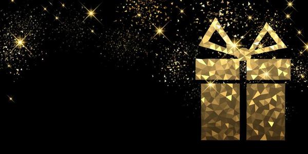 Stars light with golden christmas gift box and black background vector 01