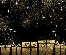 Stars light with golden christmas gift box and black background vector 02