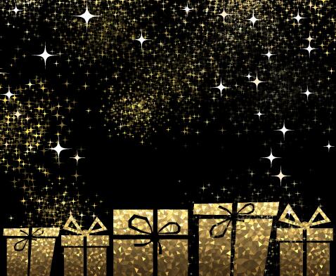 Stars light with golden christmas gift box and black background vector 02