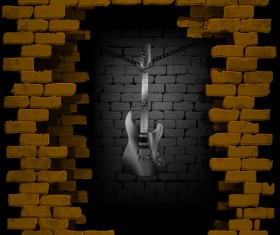 Steel guitar in rock breaking through brick wall background vector