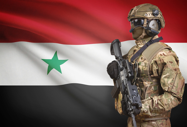 Syrian flag with heavily armed soldiers HD picture