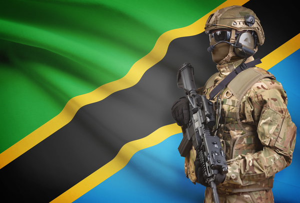 Tanzanian flag with heavily armed soldiers HD picture