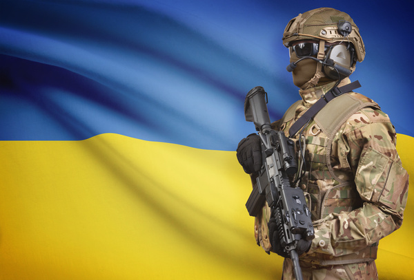 Ukrainian flag with heavily armed soldiers HD picture